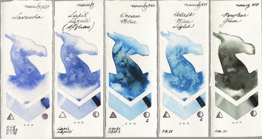 Roman Szmal Aquarius 227 Lavenda vs 999 Lapis Lazuli Afghan vs 344 Ocean Blue vs 411 Cobalt Blue Light vs 409 Perylene Green watercolor swatch