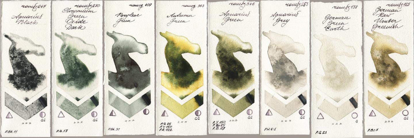 Roman Szmal Aquarius 247 Aquarius Black, 270 Chromium Green Oxide Dark, 409 Perylene Green, 363 Autumn Green, 346 Aquarius Green, 253 Aquarius Grey, 138 German Green Earth, 125 German Raw Umber Greeni watercolor swatch