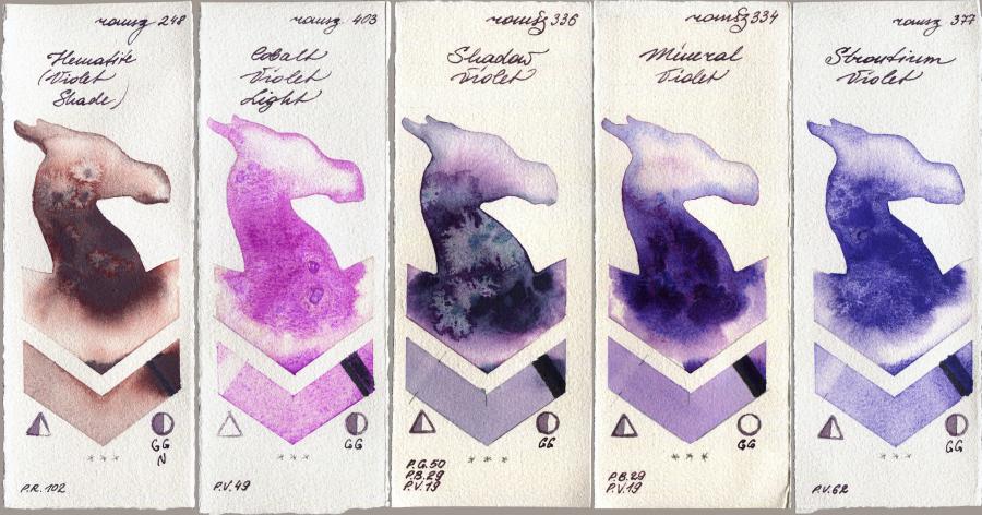 Roman Szmal Aquarius 248 Hematite (Violet Shade) vs 403 Cobalt Violet Light vs 336 Shadow Violet vs 334 Mineral Violet vs 377 Strontium Violet watercolor swatch