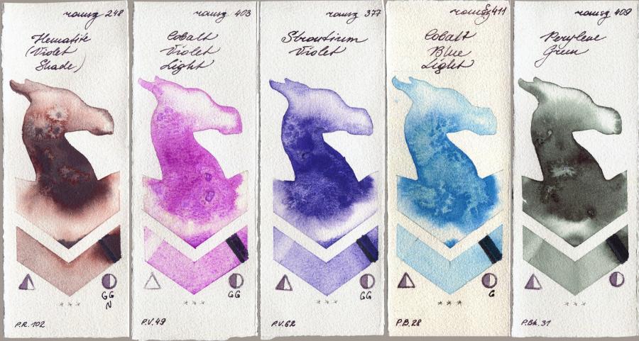 Roman Szmal Aquarius 248 Hematite (Violet Shade) vs 403 Cobalt Violet Light vs 377 Strontium Violet vs 411 Cobalt Blue Light vs 409 Perylene Green watercolor swatch