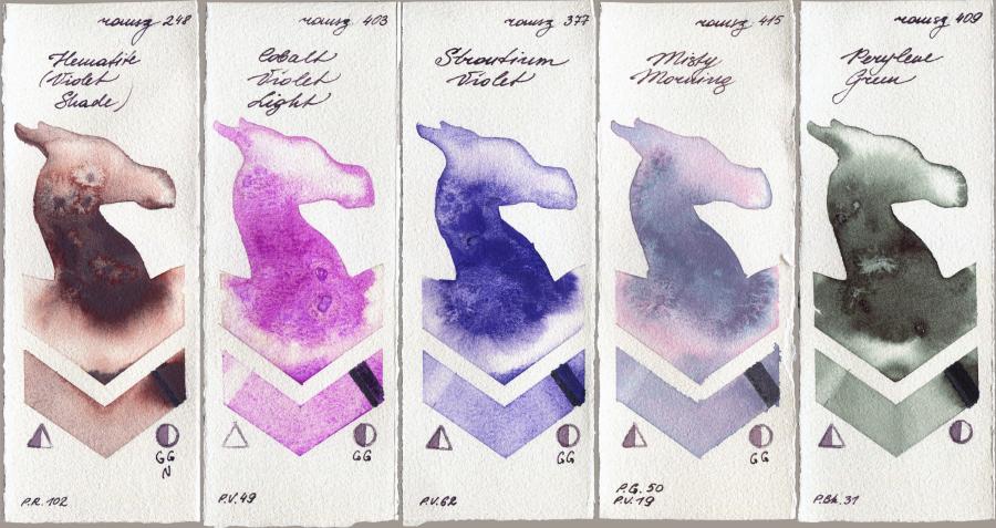 Roman Szmal Aquarius 248 Hematite (Violet Shade) vs 403 Cobalt Violet Light vs 377 Strontium Violet vs 415 Misty Morning vs 409 Perylene Green watercolor swatch