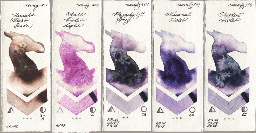 Roman Szmal Aquarius 248 Hematite (Violet Shade) vs 403 Cobalt Violet Light vs 401 Przybyszs Grey vs 334 Mineral Violet vs 336 Shadow Violet watercolor swatch