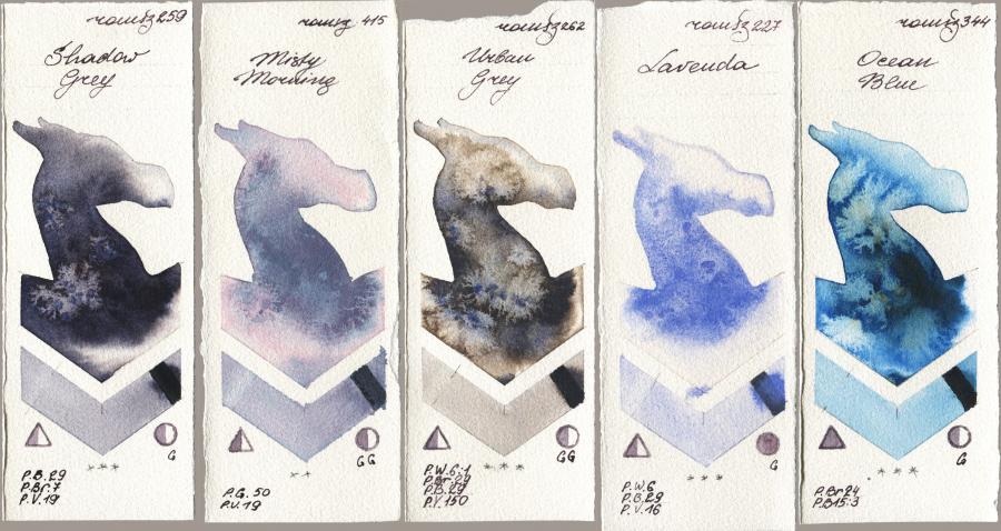Roman Szmal Aquarius 259 Shadow Grey, 415 Misty Morning, 262 Urban Grey, 227 Lavenda, 344 Ocean Bl watercolor swatch