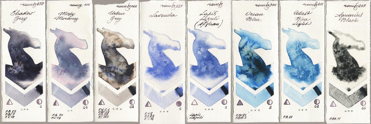 Roman Szmal Aquarius 259 Shadow Grey, 415 Misty Morning, 262 Urban Grey, 227 Lavenda, 999 Lapis Lazuli Afghan, 344 Ocean Blue, 411 Cobalt Blue Light, 247 Aquarius Bla watercolor swatch