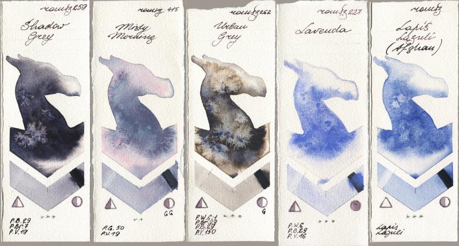 Roman Szmal Aquarius 259 Shadow Grey vs 415 Misty Morning vs 262 Urban Grey vs 227 Lavenda vs 999 Lapis Lazuli Afghan watercolor swatch