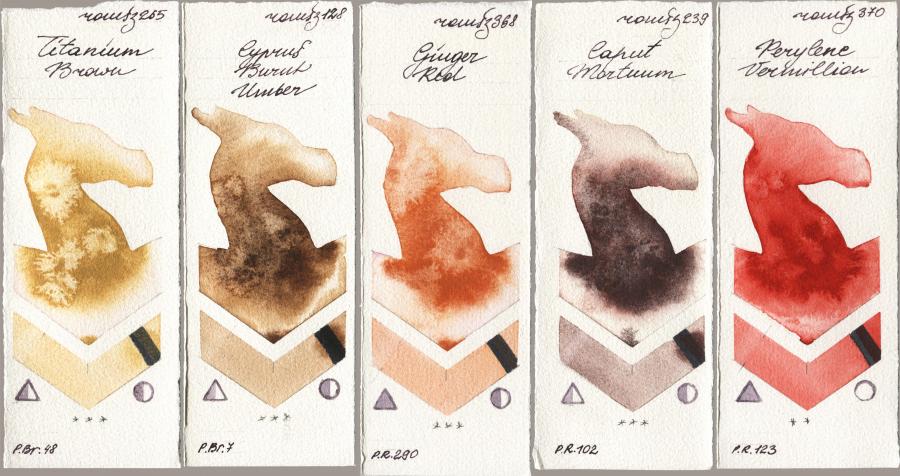 Roman Szmal Aquarius 265 Titanium Brown vs 128 Cyprus Burnt Umber vs 368 Genger Red vs 239 Caput Mortuum vs 370 Perylene Vermillion watercolor swatch