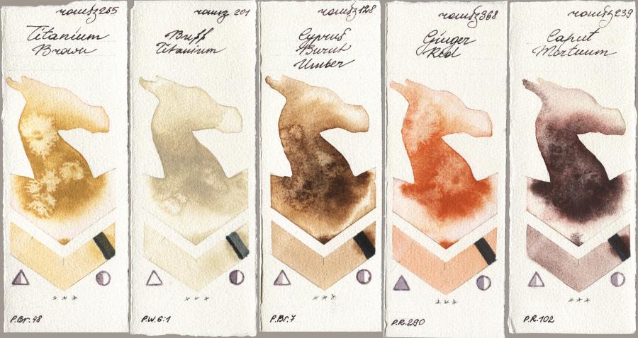 Roman Szmal Aquarius 265 Titanium Brown vs 201 Buff Titanium vs 128 Cyprus Burnt Umber vs 368 Genger Red vs 239 Caput Mortuum watercolor swatch