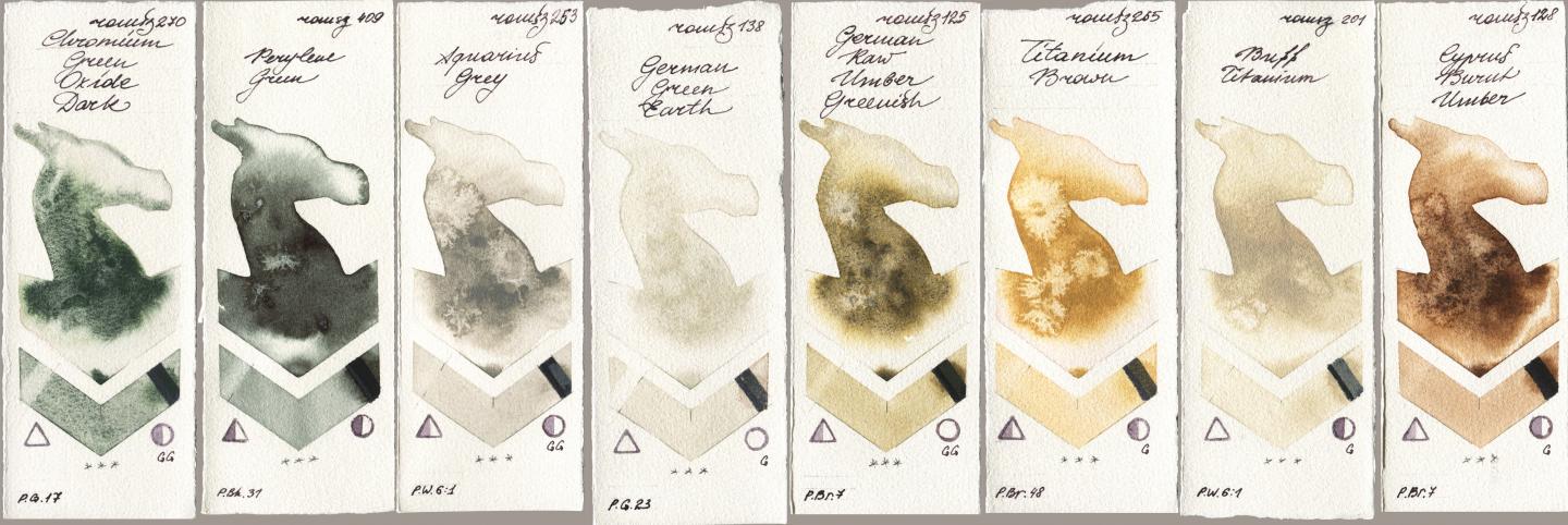 Roman Szmal Aquarius 270 Chromium Green Oxide Dark, 409 Perylene Green, 253 Aquarius Grey, 138 German Green Earth, 125 German Raw Umber Greenish, 265 Titanium Brown, 201 Buff Titanium, 128 Cyprus Burnt Umb watercolor swatch