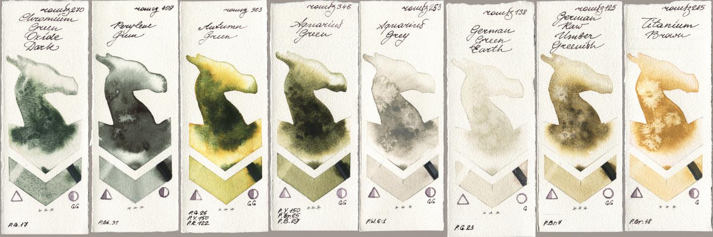 Roman Szmal Aquarius 270 Chromium Green Oxide Dark, 409 Perylene Green, 363 Autumn Green, 346 Aquarius Green, 253 Aquarius Grey, 138 German Green Earth, 125 German Raw Umber Greenish, 265 Titanium Bro watercolor swatch