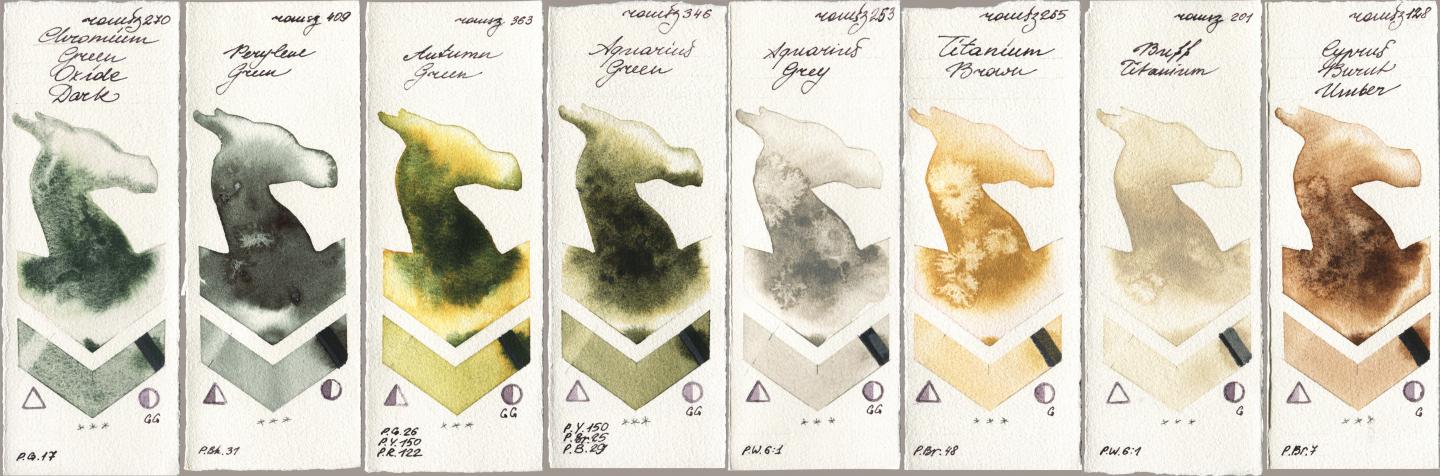 Roman Szmal Aquarius 270 Chromium Green Oxide Dark, 409 Perylene Green, 363 Autumn Green, 346 Aquarius Green, 253 Aquarius Grey, 265 Titanium Brown, 201 Buff Titanium, 128 Cyprus Burnt Umb watercolor swatch