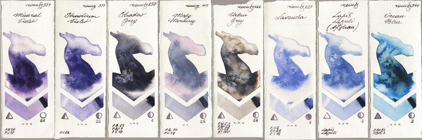 Roman Szmal Aquarius 334 Mineral Violet, 377 Strontium Violet, 259 Shadow Grey, 415 Misty Morning, 262 Urban Grey, 227 Lavenda, 999 Lapis Lazuli Afghan, 344 Ocean Bl watercolor swatch