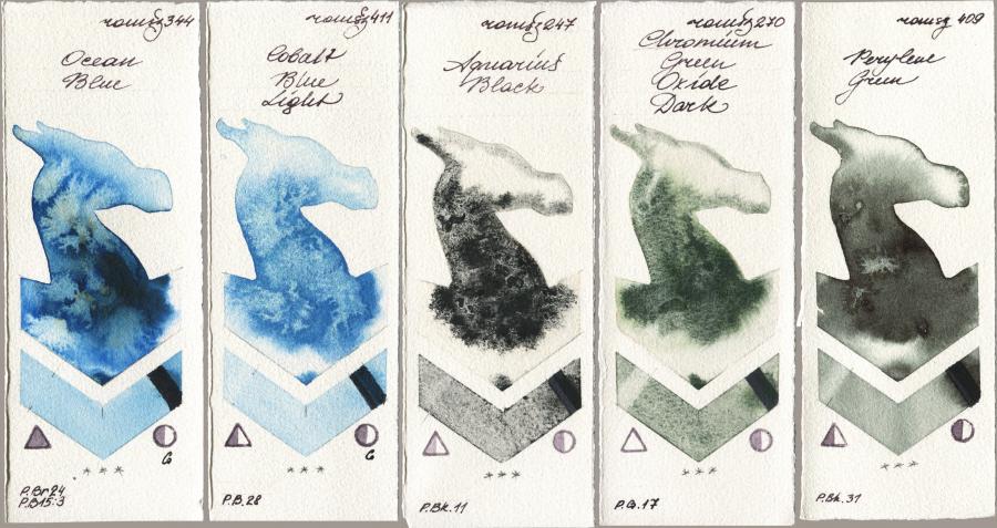 Roman Szmal Aquarius 344 Ocean Blue vs 411 Cobalt Blue Light vs 247 Aquarius Black vs 270 Chromium Green Oxide Dark vs 409 Perylene Green watercolor swatch