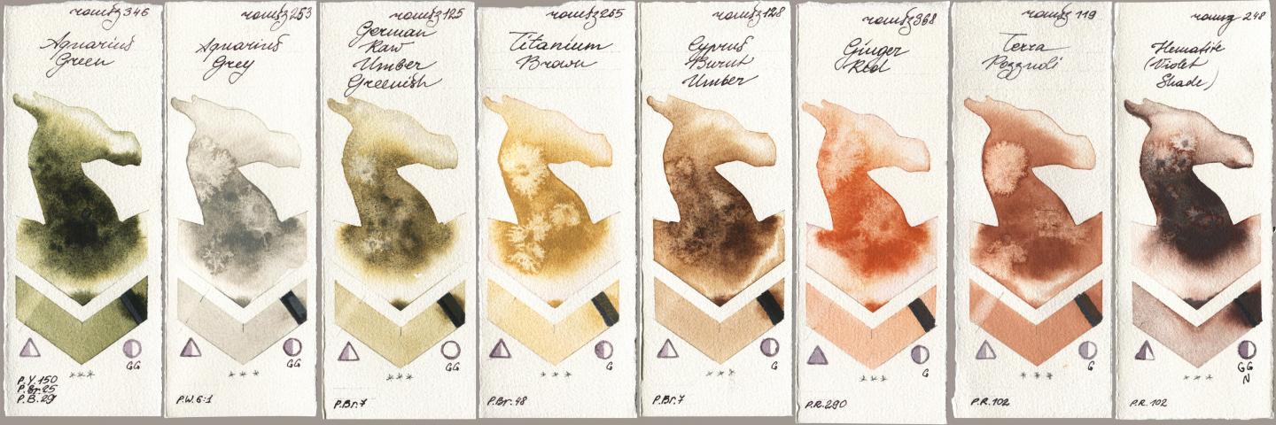 Roman Szmal Aquarius 346 Aquarius Green, 253 Aquarius Grey, 125 German Raw Umber Greenish, 265 Titanium Brown, 128 Cyprus Burnt Umber, 368 Genger Red, 119 Terra Pozzuoli, 248 Hematite (Violet Shad watercolor swatch
