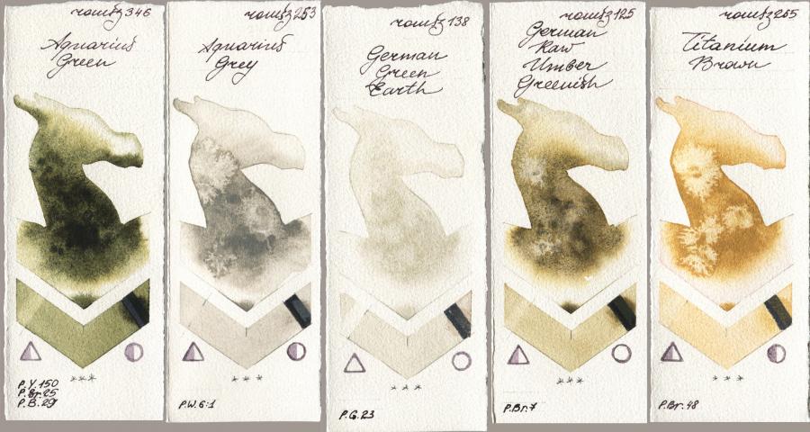 Roman Szmal Aquarius 346 Aquarius Green vs 253 Aquarius Grey vs 138 German Green Earth vs 125 German Raw Umber Greenish vs 265 Titanium Brown watercolor swatch