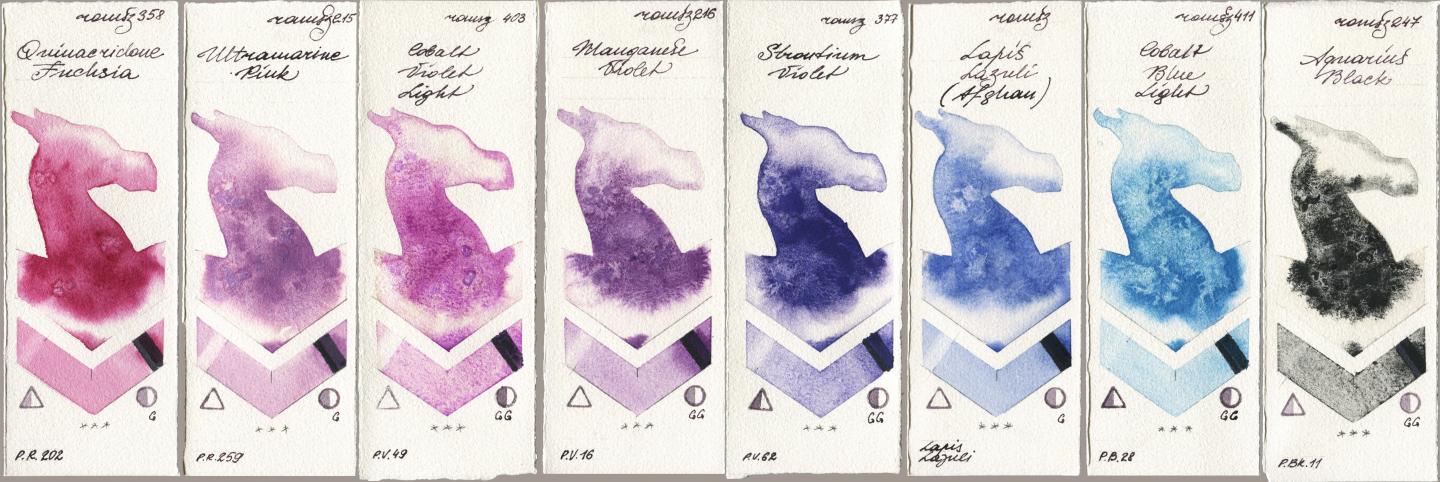 Roman Szmal Aquarius 358 Quinacridone Fuchsia, 215 Ultramarine Pink, 403 Cobalt Violet Light, 216 Manganese Violet, 377 Strontium Violet, 999 Lapis Lazuli Afghan, 411 Cobalt Blue Light, 247 Aquarius Bla watercolor swatch