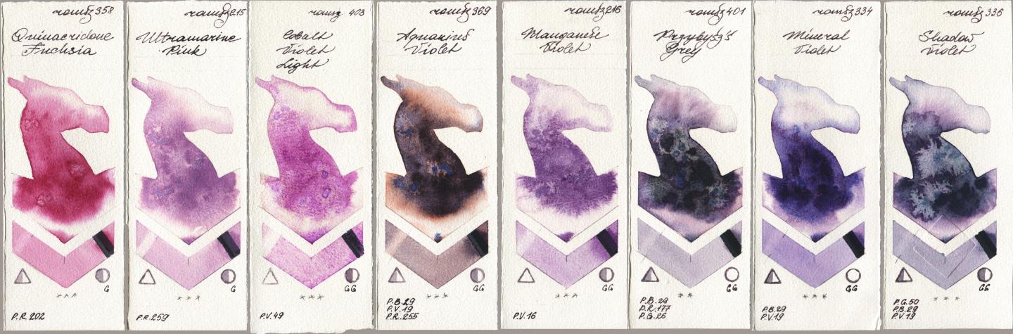 Roman Szmal Aquarius 358 Quinacridone Fuchsia, 215 Ultramarine Pink, 403 Cobalt Violet Light, 369 Aquarius Violet, 216 Manganese Violet, 401 Przybyszs Grey, 334 Mineral Violet, 336 Shadow Viol watercolor swatch