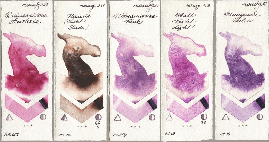 Roman Szmal Aquarius 358 Quinacridone Fuchsia vs 248 Hematite (Violet Shade) vs 215 Ultramarine Pink vs 403 Cobalt Violet Light vs 216 Manganese Violet watercolor swatch
