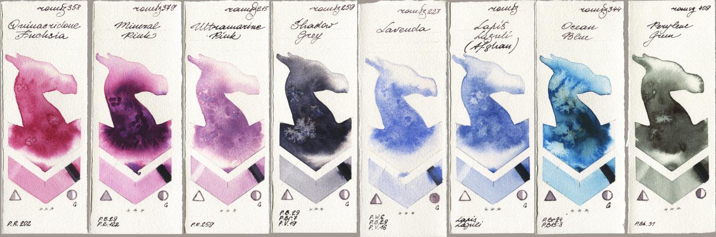 Roman Szmal Aquarius 358 Quinacridone Fuchsia, 379 Mineral Pink, 215 Ultramarine Pink, 259 Shadow Grey, 227 Lavenda, 999 Lapis Lazuli Afghan, 344 Ocean Blue, 409 Perylene Gre watercolor swatch