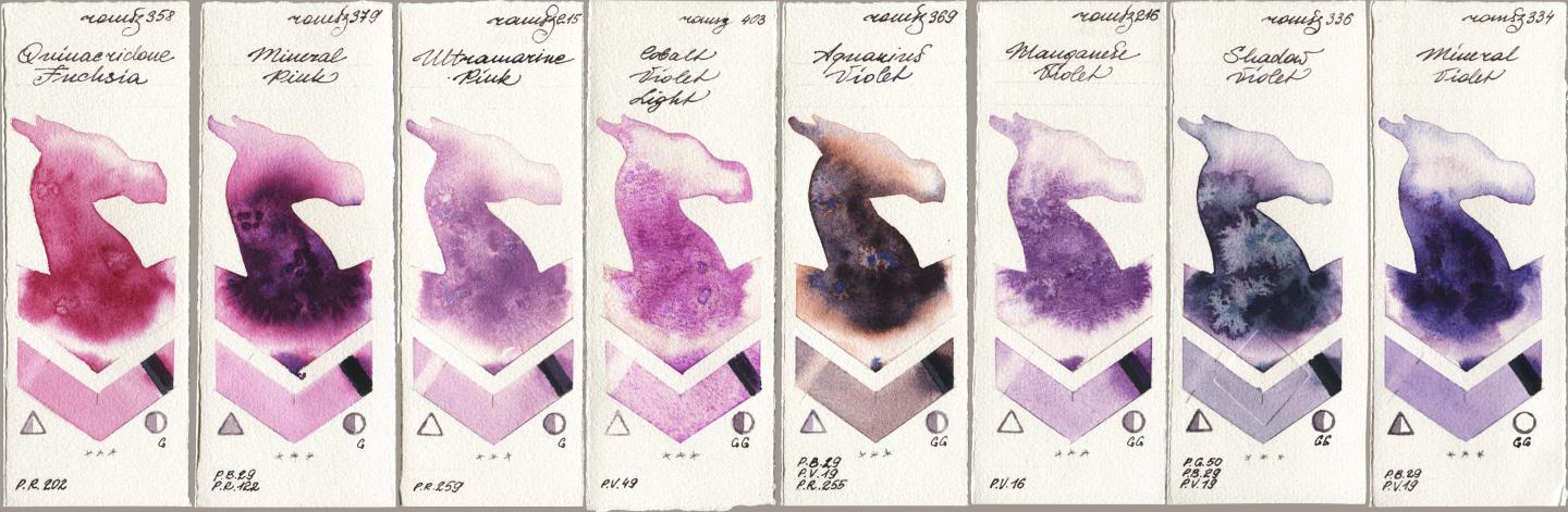 Roman Szmal Aquarius 358 Quinacridone Fuchsia, 379 Mineral Pink, 215 Ultramarine Pink, 403 Cobalt Violet Light, 369 Aquarius Violet, 216 Manganese Violet, 336 Shadow Violet, 334 Mineral Viol watercolor swatch