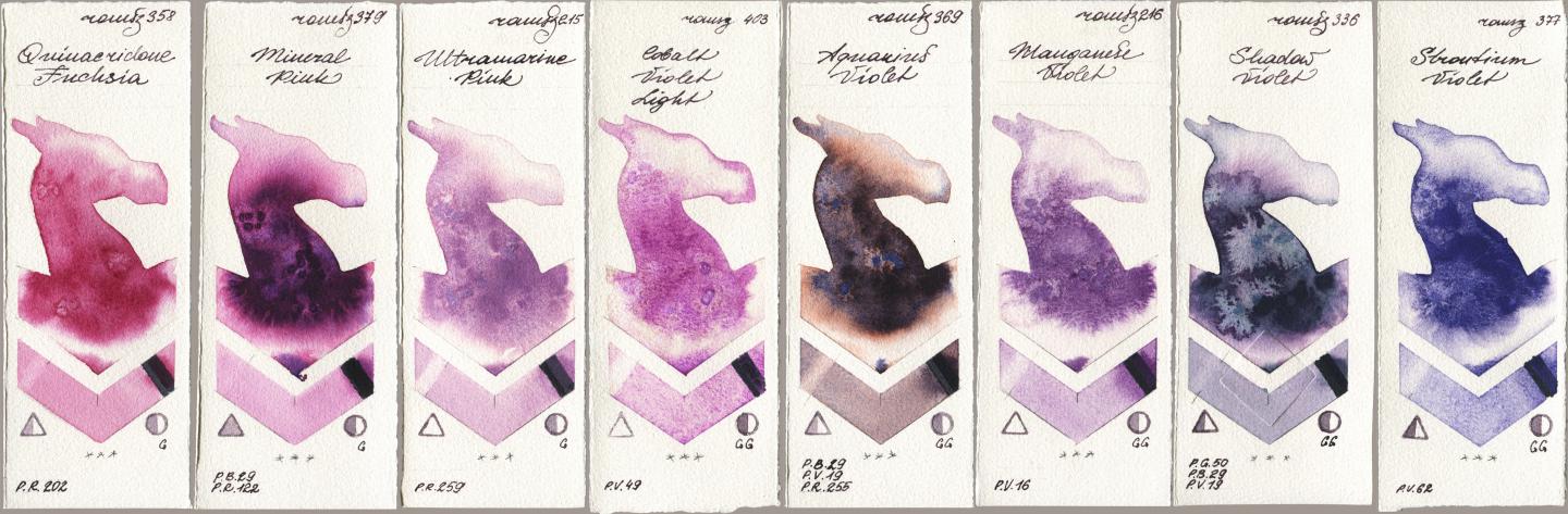 Roman Szmal Aquarius 358 Quinacridone Fuchsia, 379 Mineral Pink, 215 Ultramarine Pink, 403 Cobalt Violet Light, 369 Aquarius Violet, 216 Manganese Violet, 336 Shadow Violet, 377 Strontium Viol watercolor swatch