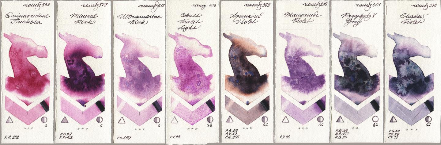 Roman Szmal Aquarius 358 Quinacridone Fuchsia, 379 Mineral Pink, 215 Ultramarine Pink, 403 Cobalt Violet Light, 369 Aquarius Violet, 216 Manganese Violet, 401 Przybyszs Grey, 336 Shadow Viol watercolor swatch