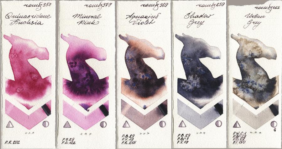 Roman Szmal Aquarius 358 Quinacridone Fuchsia vs 379 Mineral Pink vs 369 Aquarius Violet vs 259 Shadow Grey vs 262 Urban Grey watercolor swatch