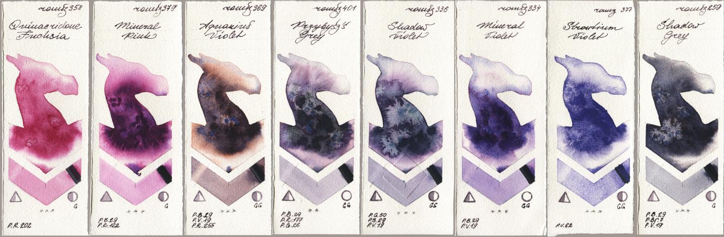 Roman Szmal Aquarius 358 Quinacridone Fuchsia, 379 Mineral Pink, 369 Aquarius Violet, 401 Przybyszs Grey, 336 Shadow Violet, 334 Mineral Violet, 377 Strontium Violet, 259 Shadow Gr watercolor swatch
