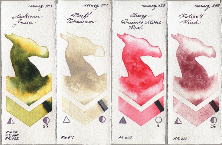 Roman Szmal Aquarius 363 Autumn Green vs 201 Buff Titanium vs 329 Cherry Quinacridone Red vs 359 Potters Pink watercolor swatch