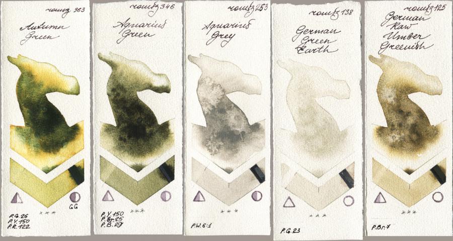 Roman Szmal Aquarius 363 Autumn Green vs 346 Aquarius Green vs 253 Aquarius Grey vs 138 German Green Earth vs 125 German Raw Umber Greenish watercolor swatch