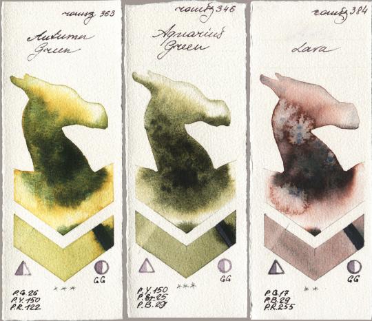 Roman Szmal Aquarius 363 Autumn Green, 346 Aquarius Green, 384 La watercolor swatch