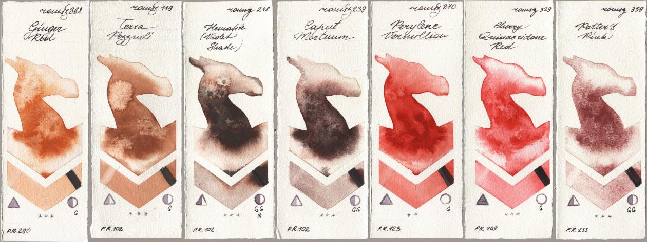 Roman Szmal Aquarius 368 Genger Red, 119 Terra Pozzuoli, 248 Hematite (Violet Shade), 239 Caput Mortuum, 370 Perylene Vermillion, 329 Cherry Quinacridone Red, 359 Potters Pi watercolor swatch