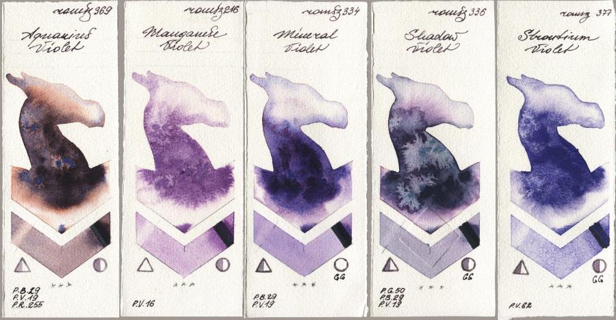 Roman Szmal Aquarius 369 Aquarius Violet vs 216 Manganese Violet vs 334 Mineral Violet vs 336 Shadow Violet vs 377 Strontium Violet watercolor swatch