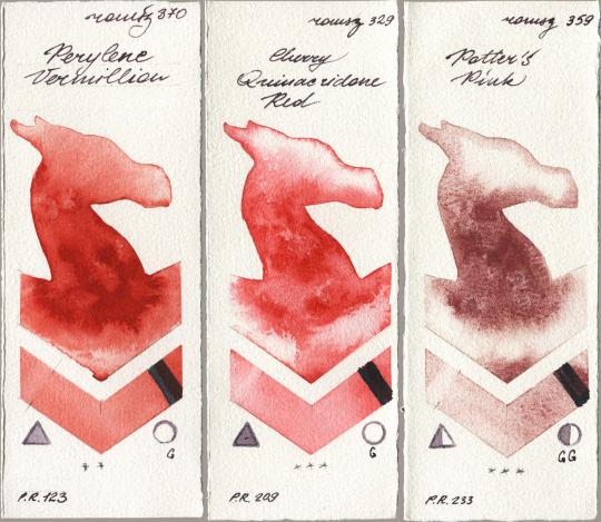 Roman Szmal Aquarius 370 Perylene Vermillion, 329 Cherry Quinacridone Red, 359 Potters Pi watercolor swatch