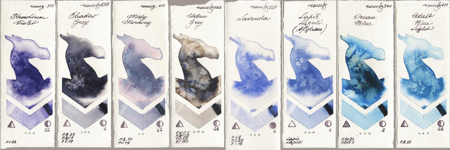 Roman Szmal Aquarius 377 Strontium Violet, 259 Shadow Grey, 415 Misty Morning, 262 Urban Grey, 227 Lavenda, 999 Lapis Lazuli Afghan, 344 Ocean Blue, 411 Cobalt Blue Lig watercolor swatch