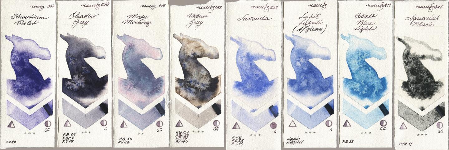Roman Szmal Aquarius 377 Strontium Violet, 259 Shadow Grey, 415 Misty Morning, 262 Urban Grey, 227 Lavenda, 999 Lapis Lazuli Afghan, 411 Cobalt Blue Light, 247 Aquarius Bla watercolor swatch