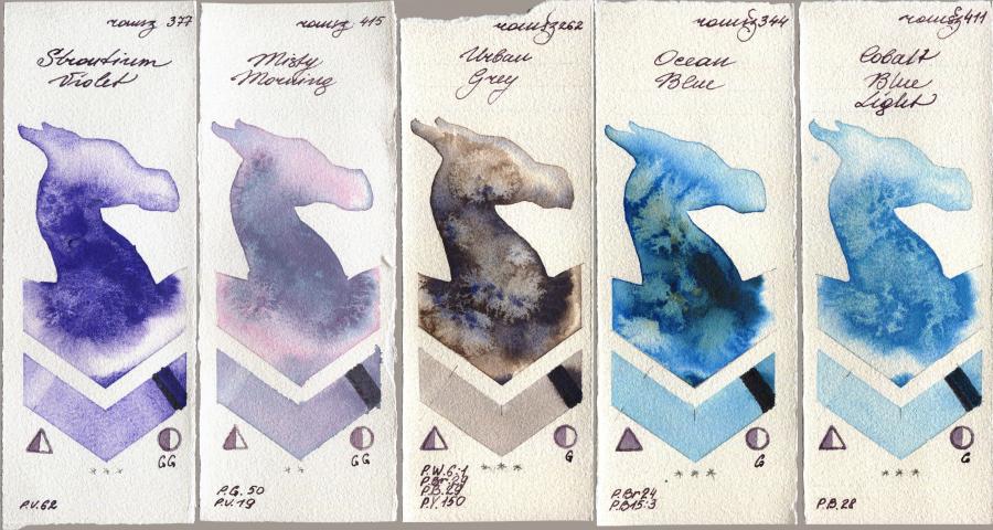 Roman Szmal Aquarius 377 Strontium Violet vs 415 Misty Morning vs 262 Urban Grey vs 344 Ocean Blue vs 411 Cobalt Blue Light watercolor swatch