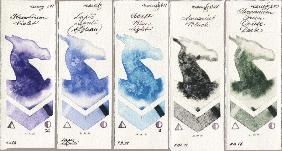 Roman Szmal Aquarius 377 Strontium Violet vs 999 Lapis Lazuli Afghan vs 411 Cobalt Blue Light vs 247 Aquarius Black vs 270 Chromium Green Oxide Dark watercolor swatch