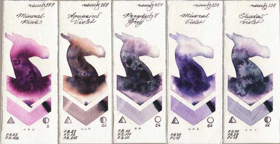 Roman Szmal Aquarius 379 Mineral Pink, 369 Aquarius Violet, 401 Przybyszs Grey, 334 Mineral Violet, 336 Shadow Viol watercolor swatch