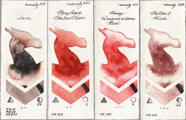 Roman Szmal Aquarius 384 Lava, 370 Perylene Vermillion, 329 Cherry Quinacridone Red, 359 Potters Pi watercolor swatch