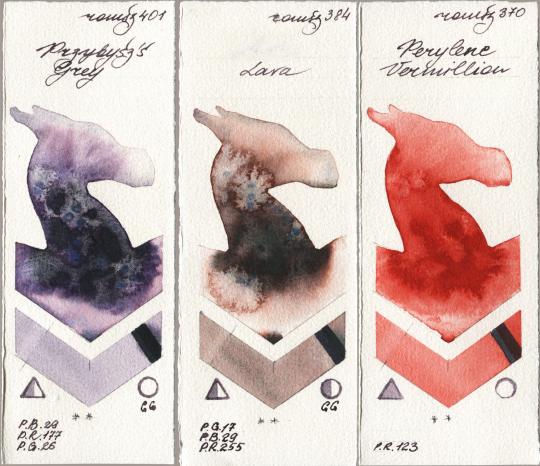 Roman Szmal Aquarius 401 Przybyszs Grey vs 384 Lava vs 370 Perylene Vermillion watercolor swatch