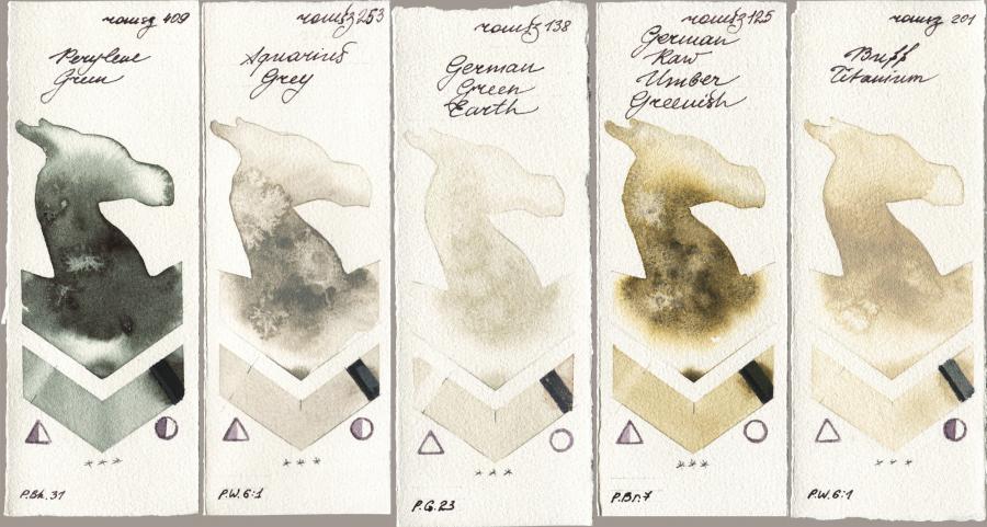 Roman Szmal Aquarius 409 Perylene Green vs 253 Aquarius Grey vs 138 German Green Earth vs 125 German Raw Umber Greenish vs 201 Buff Titanium watercolor swatch