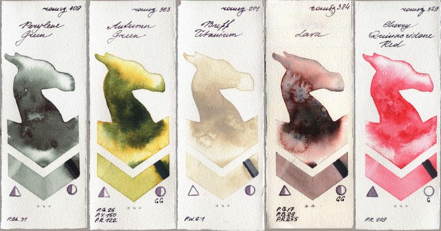 Roman Szmal Aquarius 409 Perylene Green vs 363 Autumn Green vs 201 Buff Titanium vs 384 Lava vs 329 Cherry Quinacridone Red watercolor swatch