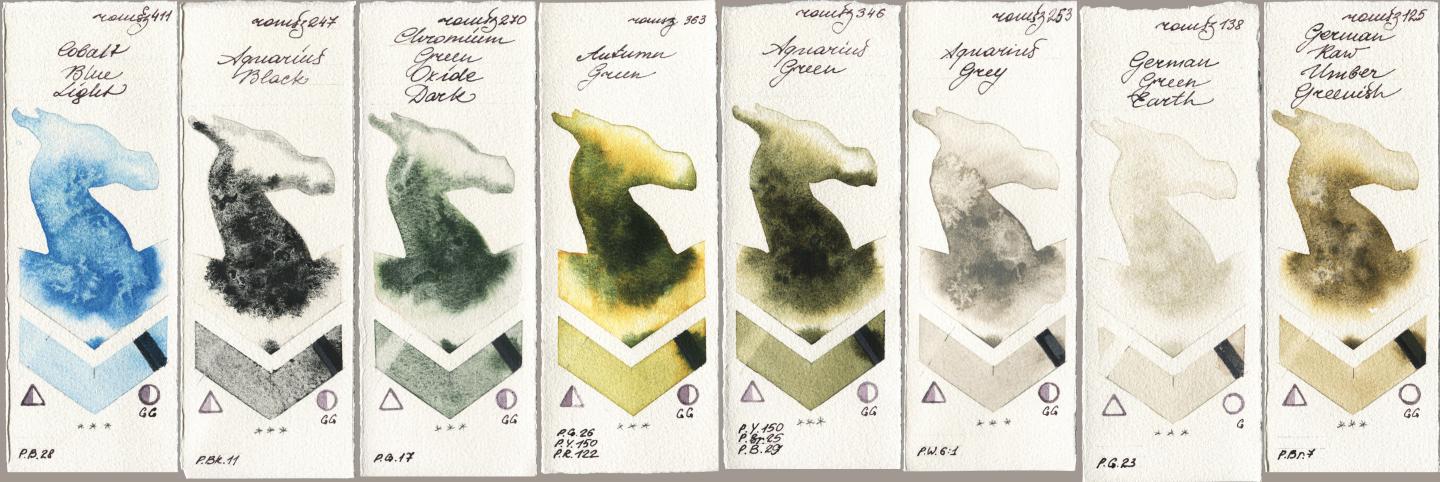 Roman Szmal Aquarius 411 Cobalt Blue Light, 247 Aquarius Black, 270 Chromium Green Oxide Dark, 363 Autumn Green, 346 Aquarius Green, 253 Aquarius Grey, 138 German Green Earth, 125 German Raw Umber Greeni watercolor swatch