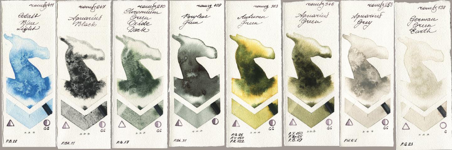 Roman Szmal Aquarius 411 Cobalt Blue Light, 247 Aquarius Black, 270 Chromium Green Oxide Dark, 409 Perylene Green, 363 Autumn Green, 346 Aquarius Green, 253 Aquarius Grey, 138 German Green Ear watercolor swatch