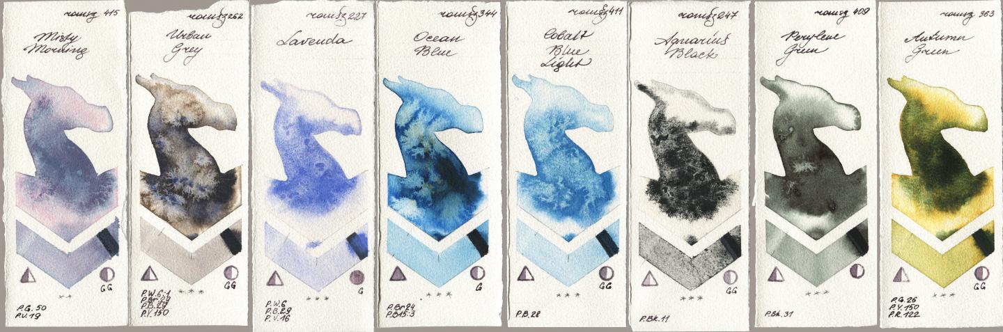 Roman Szmal Aquarius 415 Misty Morning, 262 Urban Grey, 227 Lavenda, 344 Ocean Blue, 411 Cobalt Blue Light, 247 Aquarius Black, 409 Perylene Green, 363 Autumn Gre watercolor swatch