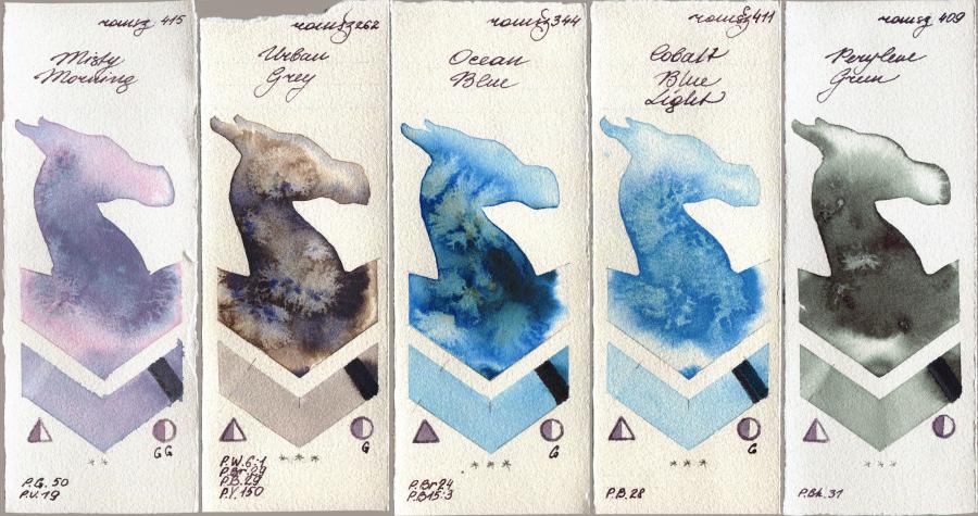 Roman Szmal Aquarius 415 Misty Morning vs 262 Urban Grey vs 344 Ocean Blue vs 411 Cobalt Blue Light vs 409 Perylene Green watercolor swatch