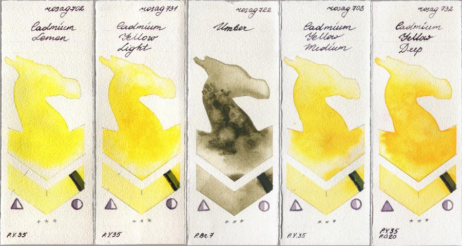 Rosa Gallery 702 Cadmium Lemon vs 731 Cadmium Yellow Light vs 722 Umber vs 703 Cadmium Yellow Medium vs 732 Cadmium Yellow Deep watercolor swatch