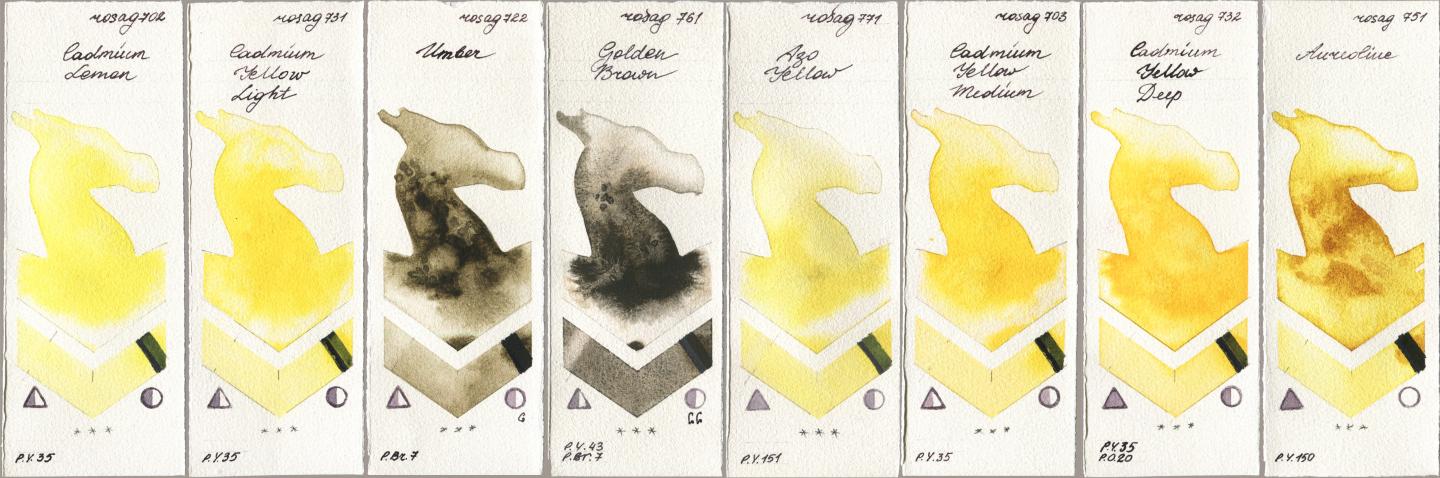 Rosa Gallery 702 Cadmium Lemon, 731 Cadmium Yellow Light, 722 Umber, 761 Golden Brown, 771 Azo Yellow, 703 Cadmium Yellow Medium, 732 Cadmium Yellow Deep, 751 Aureoli watercolor swatch
