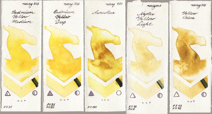 Rosa Gallery 703 Cadmium Yellow Medium vs 732 Cadmium Yellow Deep vs 751 Aureoline vs 745 Naples Yellow Light vs 719 Yellow Ochre watercolor swatch
