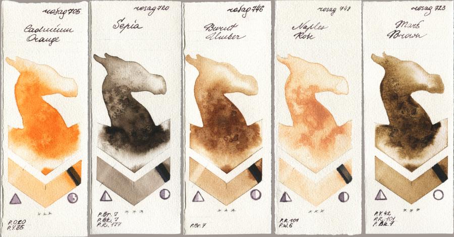 Rosa Gallery 705 Cadmium Orange vs 720 Sepia vs 746 Burnt Umber vs 748 Naples Rose vs 723 Mars Brown watercolor swatch
